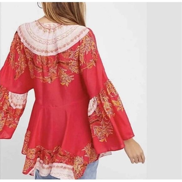 Free People Sunset Dreams printed flare sleeve blouse sz Small red - Picture 5 of 16